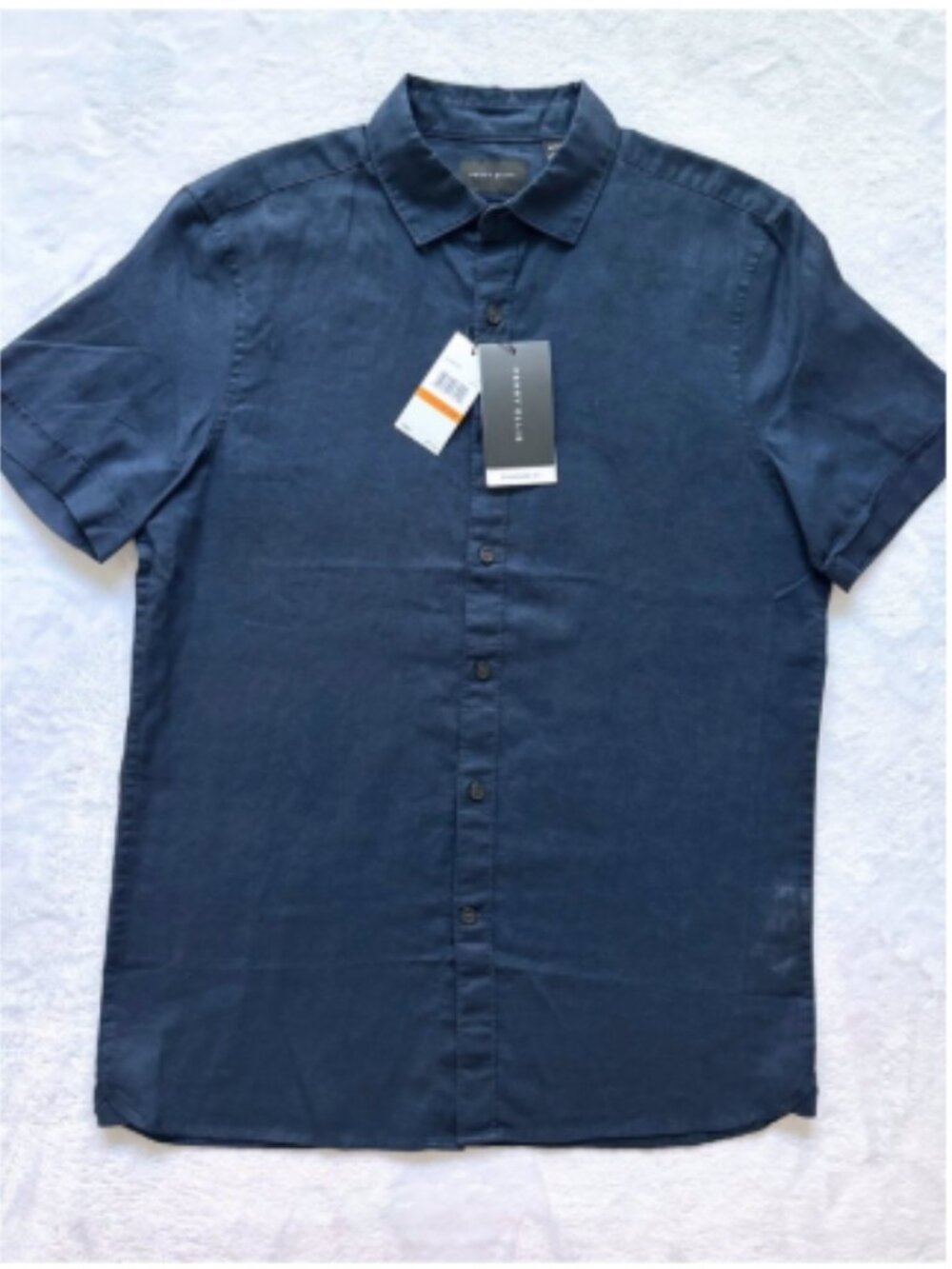 PERRY ELLIS Men's Short Sleeve Navy Linen Blend Button Up Shirt--NWT--S